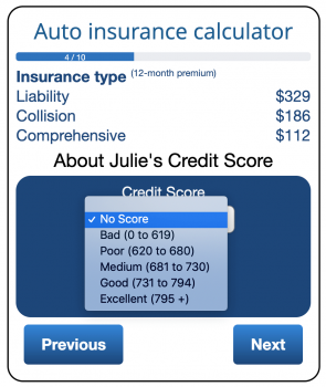 Credit page of ValChoice car insurance calculator showing how credit affects cheap auto insurance prices