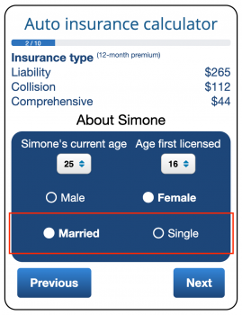 The ValChoice calculator shows the difference in price of cheap car insurance for a married couple vs. single people