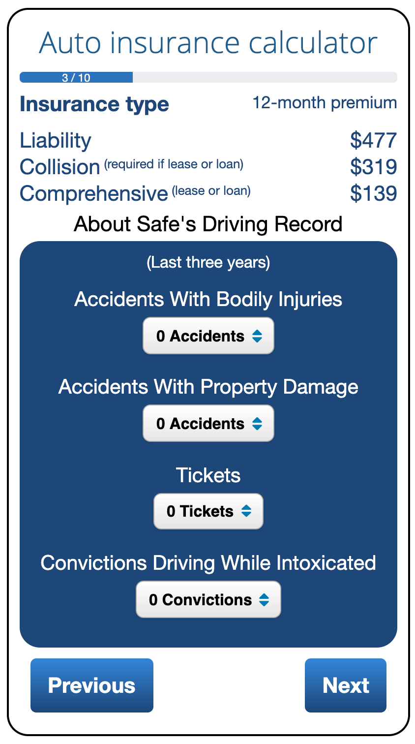 Image of driving record input fields for the ValChoice car insurance estimator used in the safe driving blog post