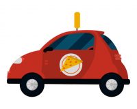 Cartoon image of a pizza delivery vehicle for blog post on how delivery jobs affect car insurance
