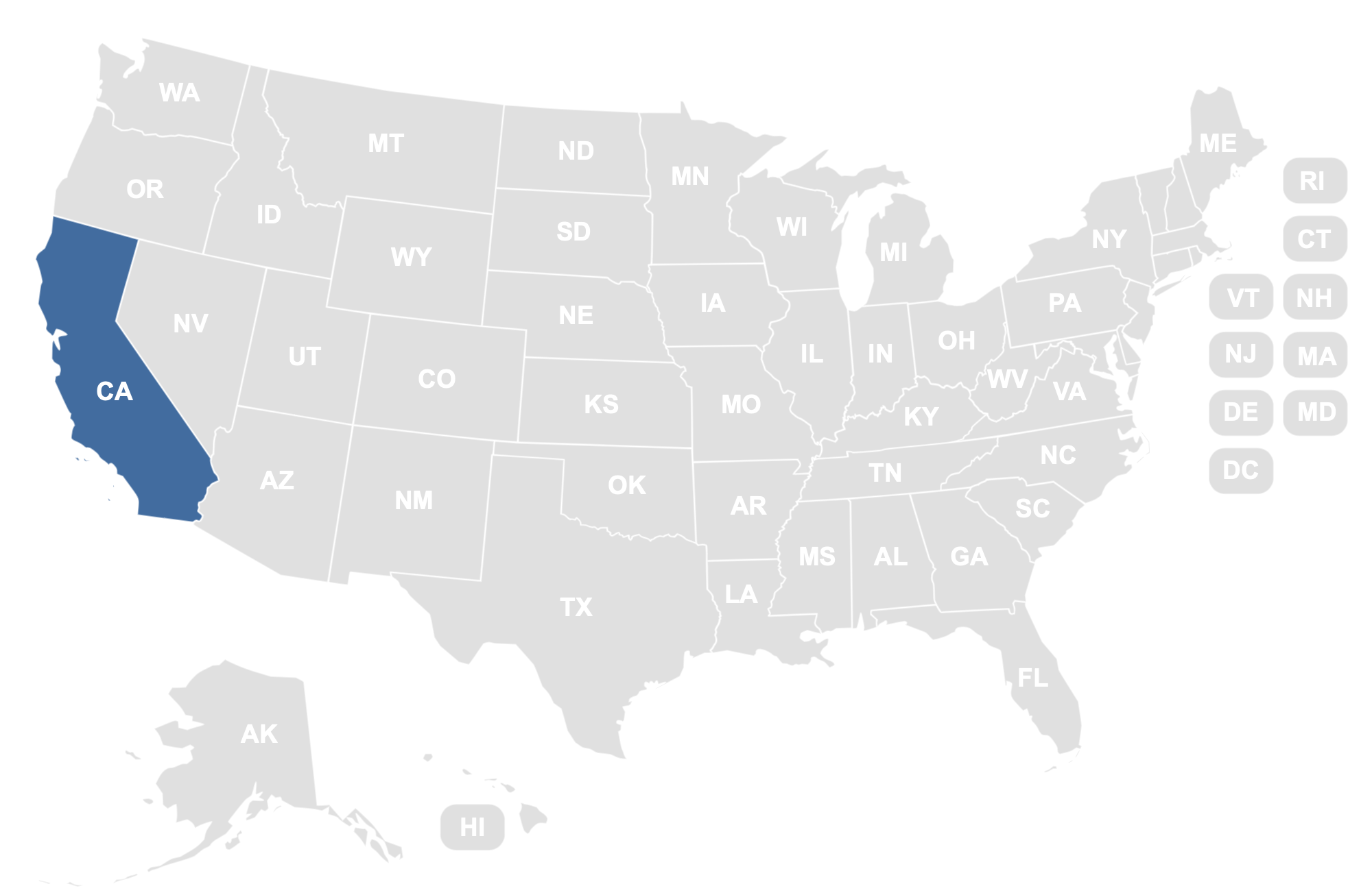 U.S. map highlighting the California region