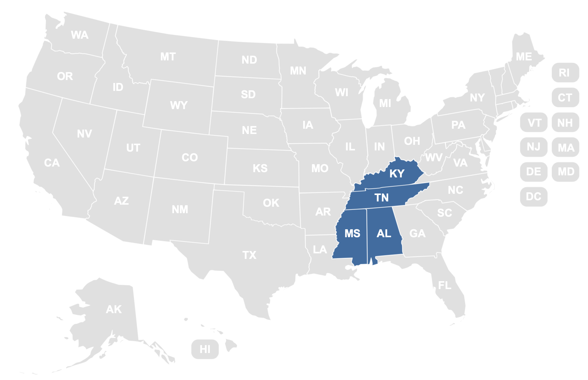 U.S. map highlighting the East South Central region