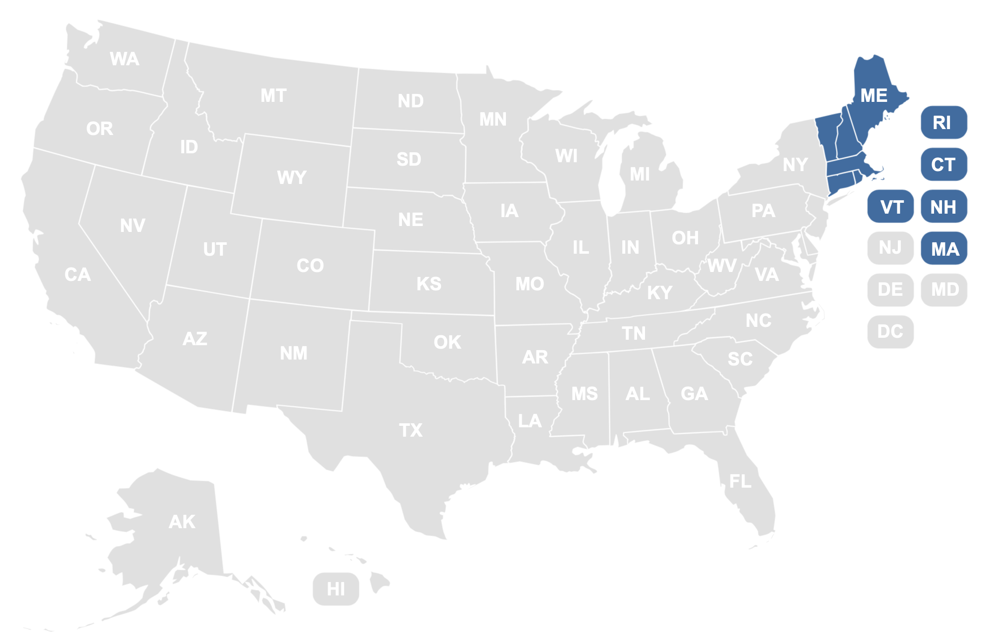 U.S. map highlighting the New England region
