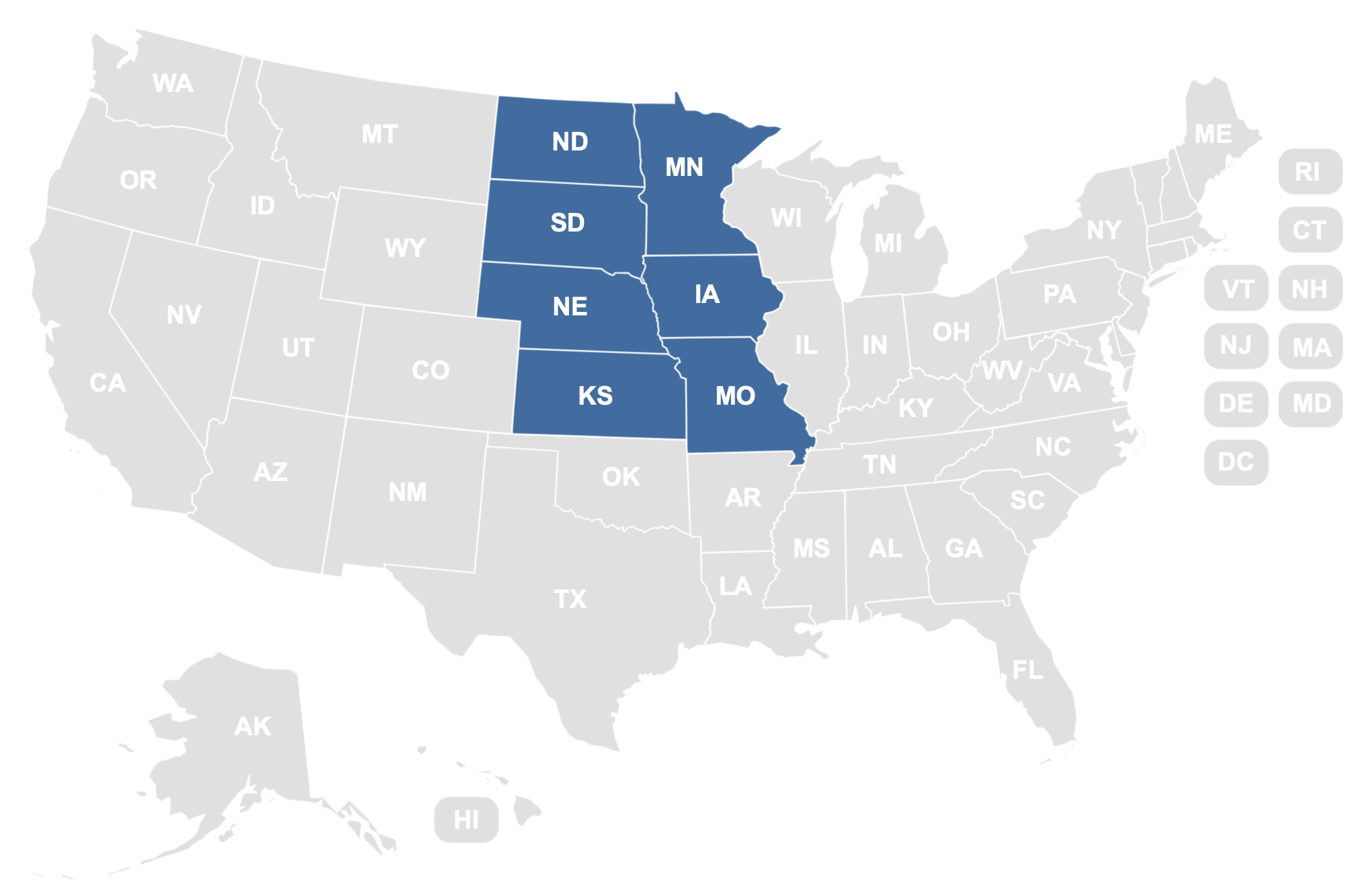 U.S. map highlighting the West North Central region