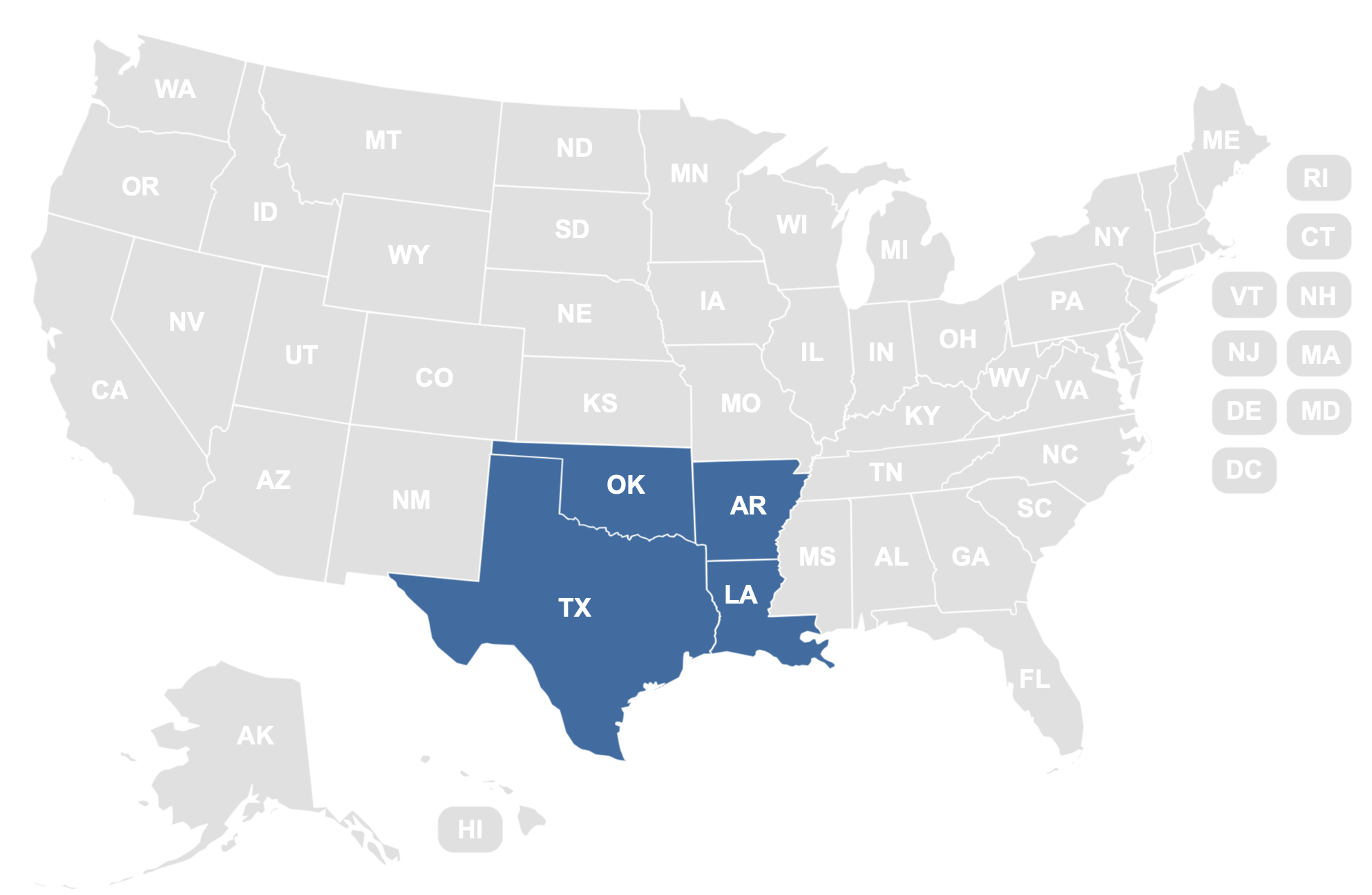 U.S. map highlighting the West South Central region